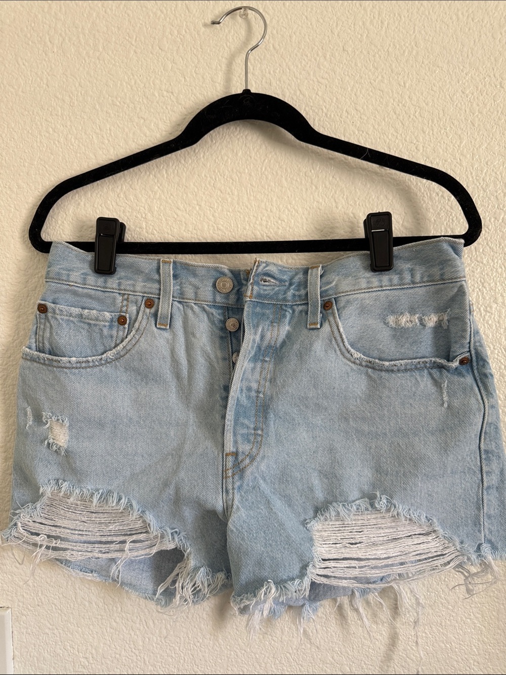 Classic Light Blue Distressed Denim Jean Shorts - Women's